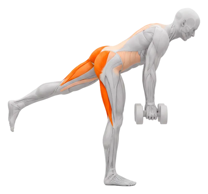Single-leg Romanian deadlift: hamstrings and glutes highlighted