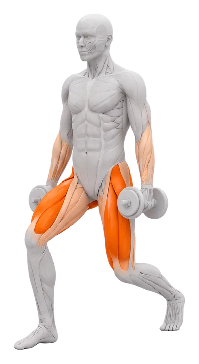 Dumbbell walking lunge: quads and glutes highlighted