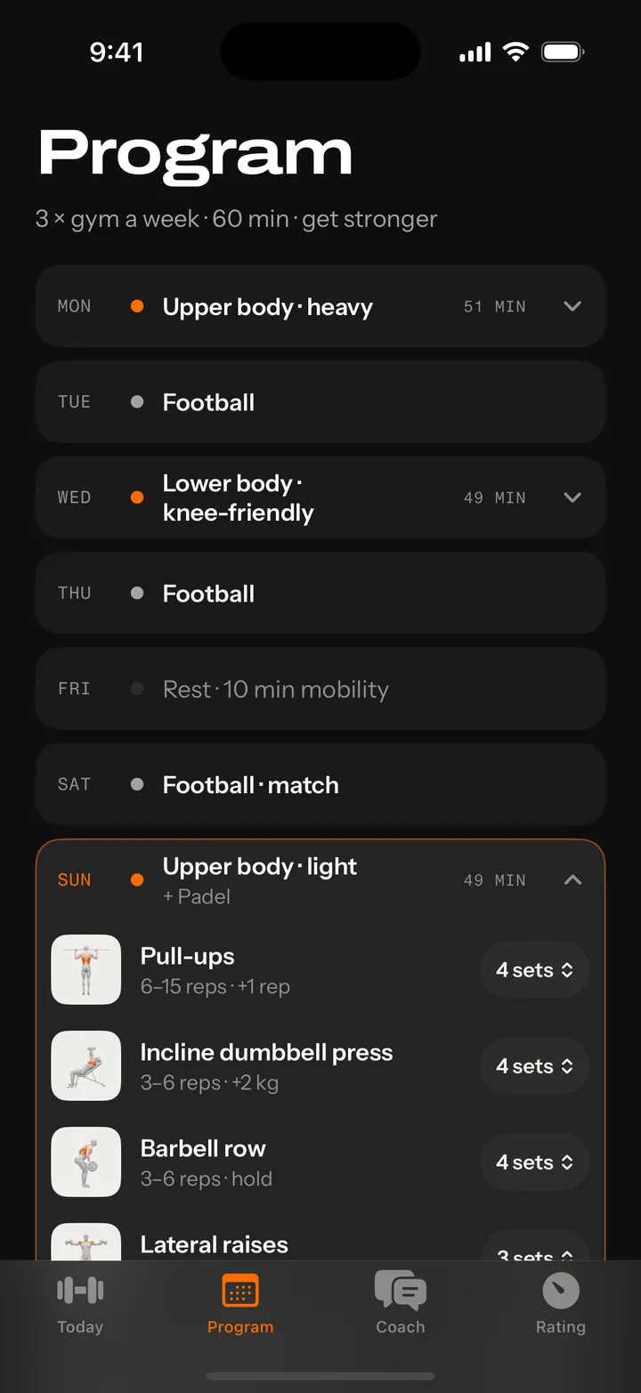 Der Programm-Bildschirm: schwerer Oberkörper am Montag, Fußball am Dienstag und Donnerstag, kniefreundlicher Unterkörper am Mittwoch, Spiel am Samstag